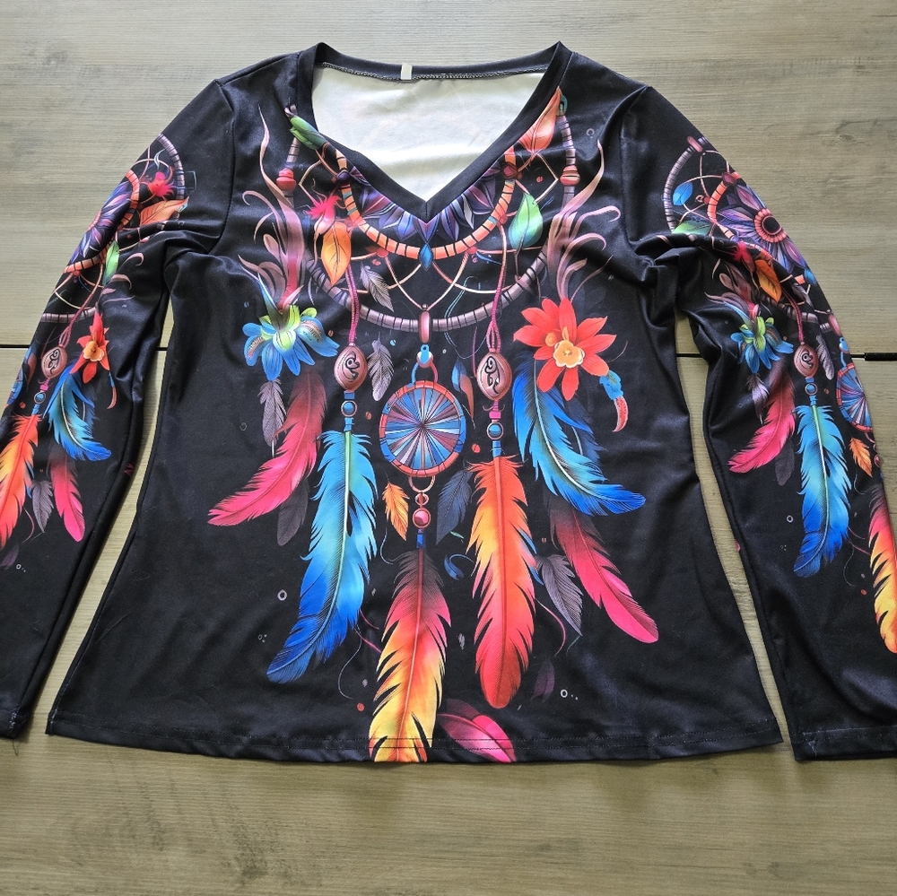Colorful Feather Print Long Sleeve Top